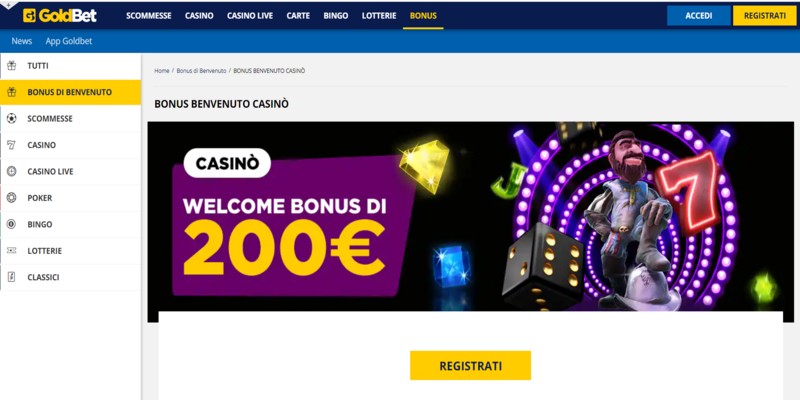 Pagina principale del (Bonus di Benvenuto) di GoldBet – Casino online affidabili