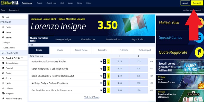 Pagina principale delle scommesse live di William Hill casinò