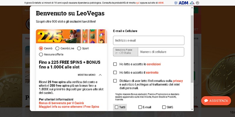 Form di registrazione del casinò Leovegas – Bonus senza deposito