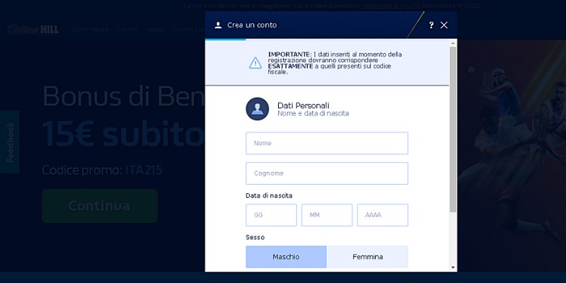 Form di registrazione di William Hill