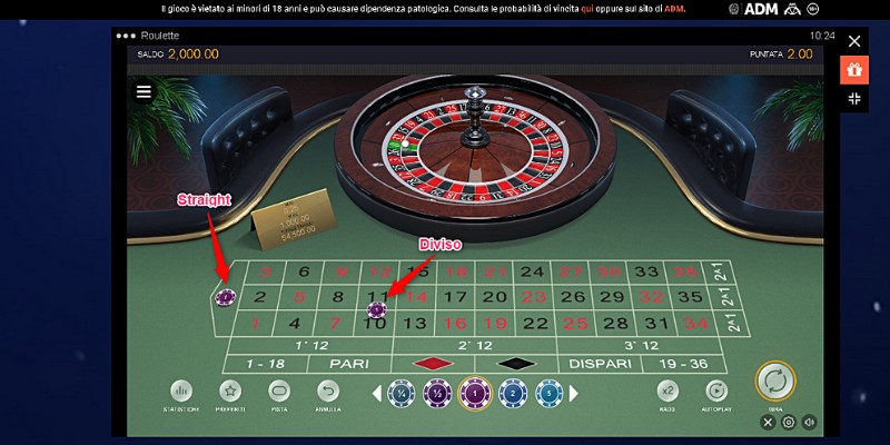 Tavolo verde della roulette con frecce rosse che indicano la sezione Straight e Diviso