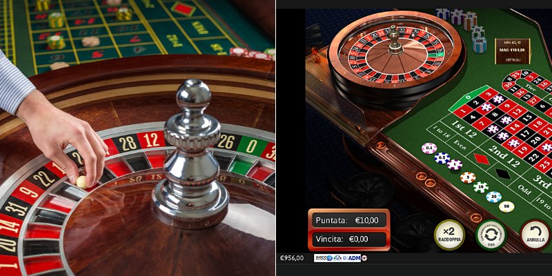 Croupier che toglie la pallina dalla ruota della roulette fisica (a sinistra), e Roulette classica da software (a destra)