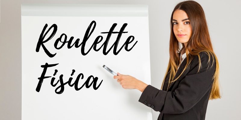 Vista laterale di una donna d’affari che indica sulla la lavagna una grande scritta con suscritto (Roulette Fisica)